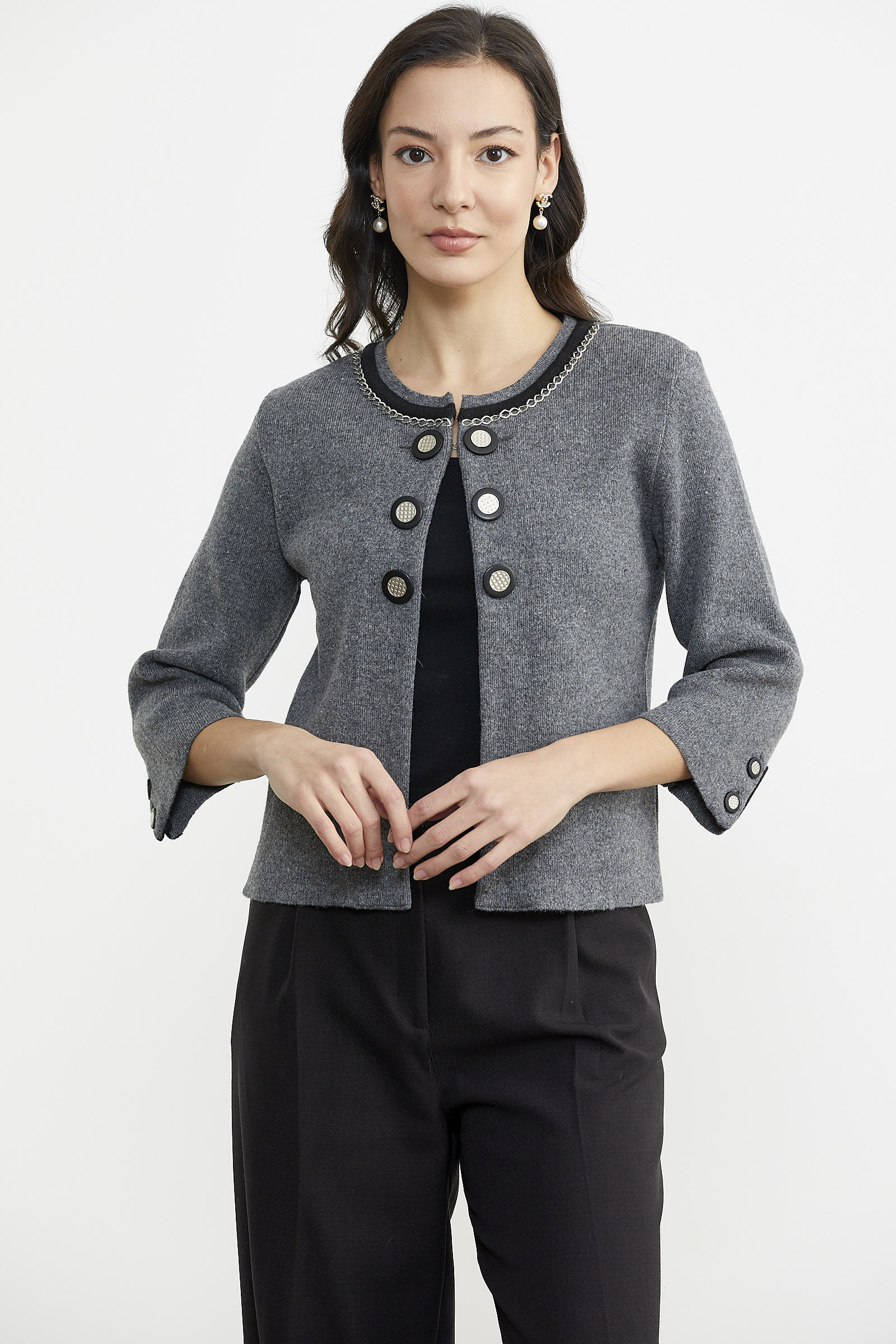 Zincir Detaylı Kalın Yünlü Triko Ceket - Koyu Gri - Siyah (2) Sementa