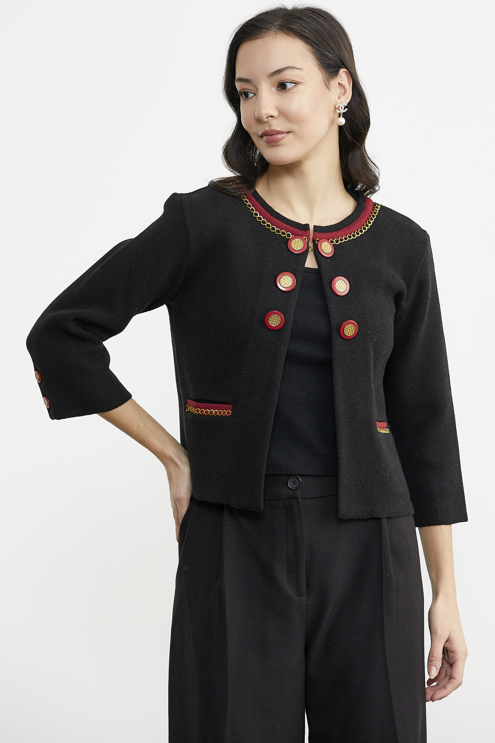 Zincir Detaylı Kalın Yünlü Triko Ceket - Siyah - Kırmızı (2) Sementa