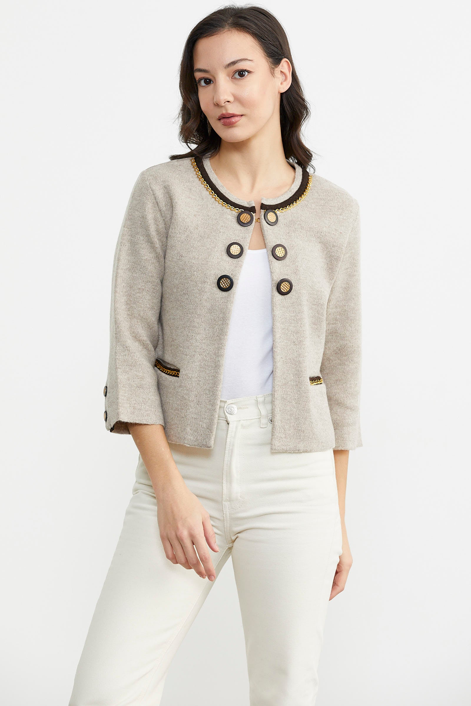 Zincir Detaylı Kalın Yünlü Triko Ceket - Vizon - Kahverengi (4) Sementa