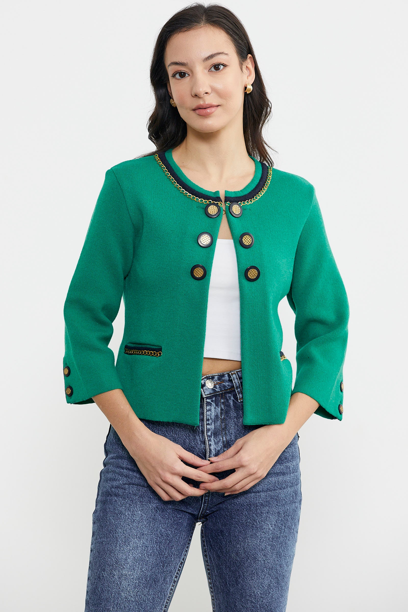 Zincir Detaylı Kalın Yünlü Triko Ceket - Yeşil - Lacivert (2) Sementa