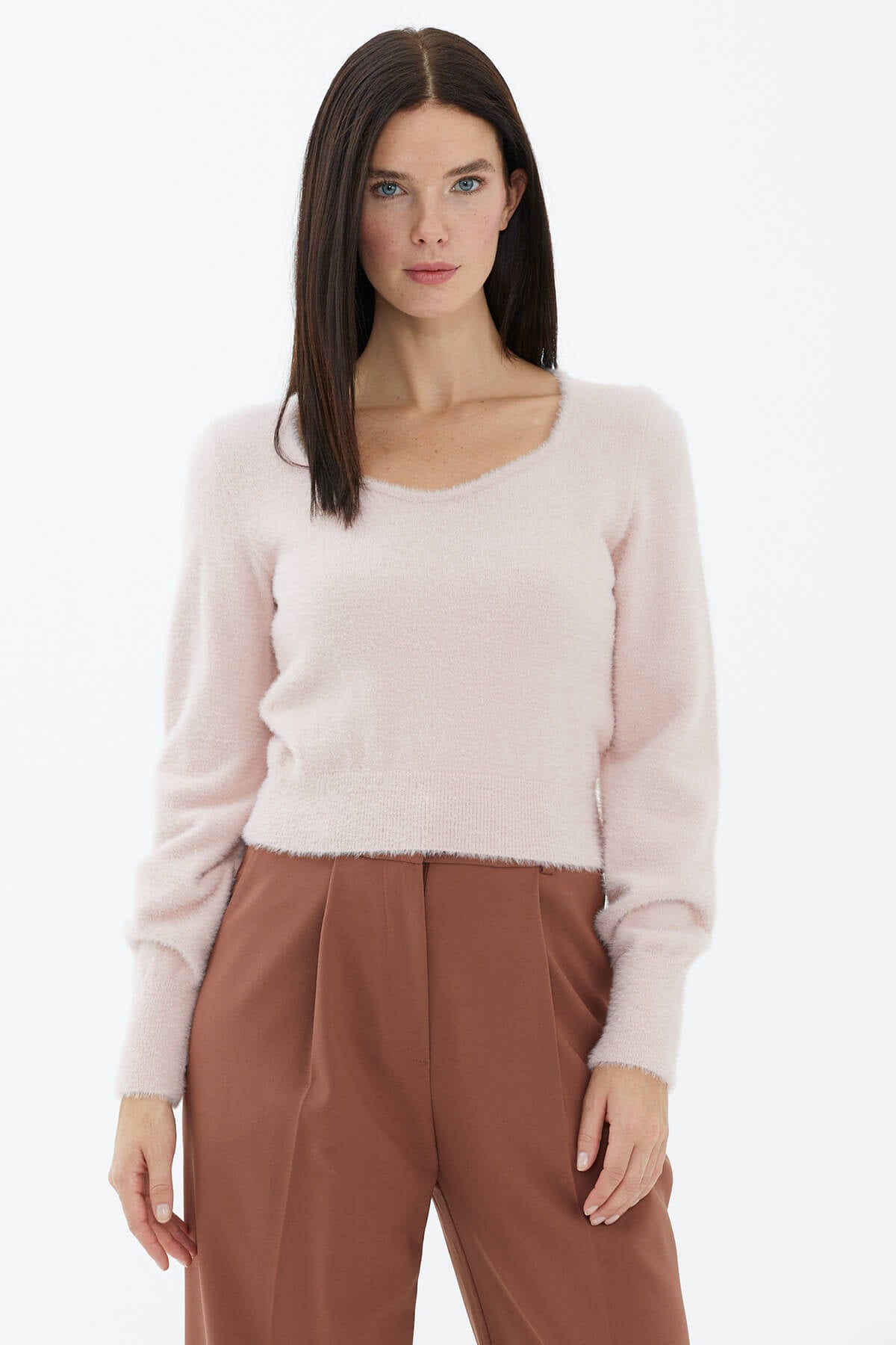 Açık Yaka Yumoş Triko Kazak - Pembe (2) Sementa