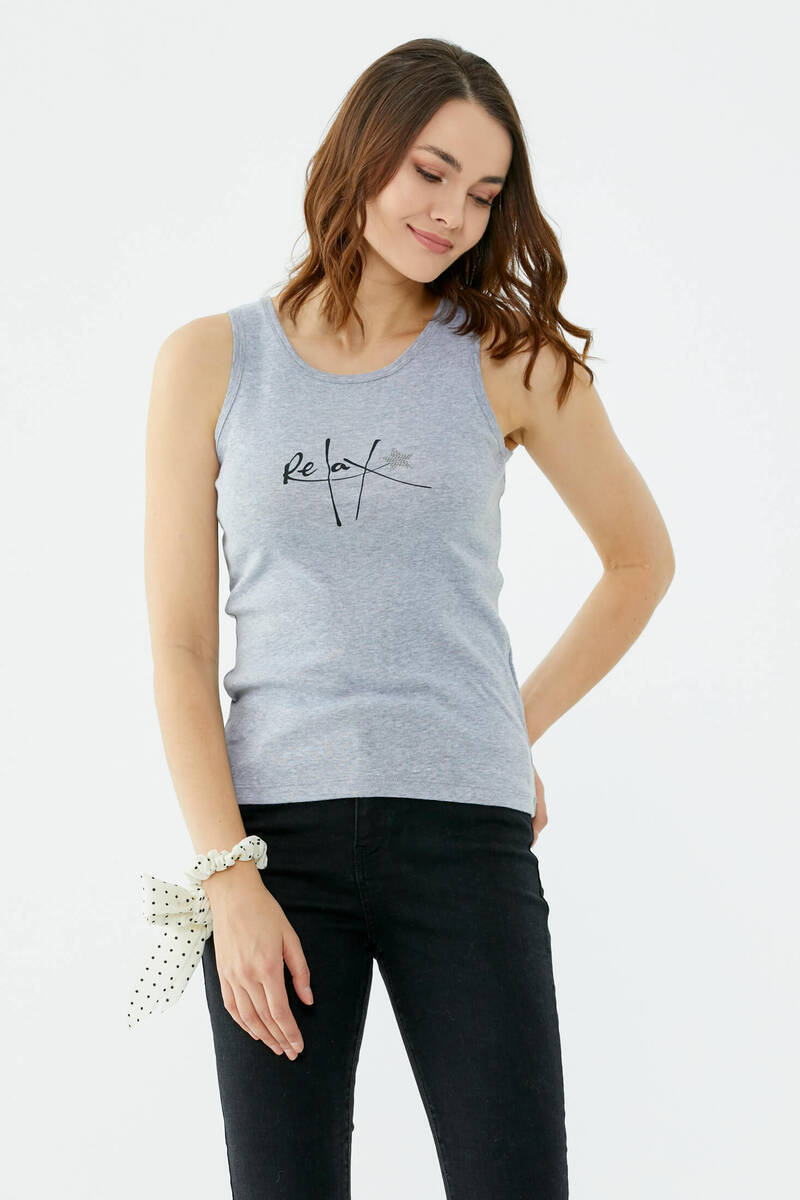 Askılı Baskı Detaylı Pamuk Tshirt - Gri (1) Sementa