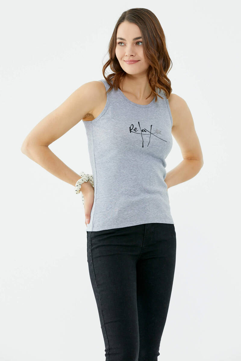 Askılı Baskı Detaylı Pamuk Tshirt - Gri (3) Sementa