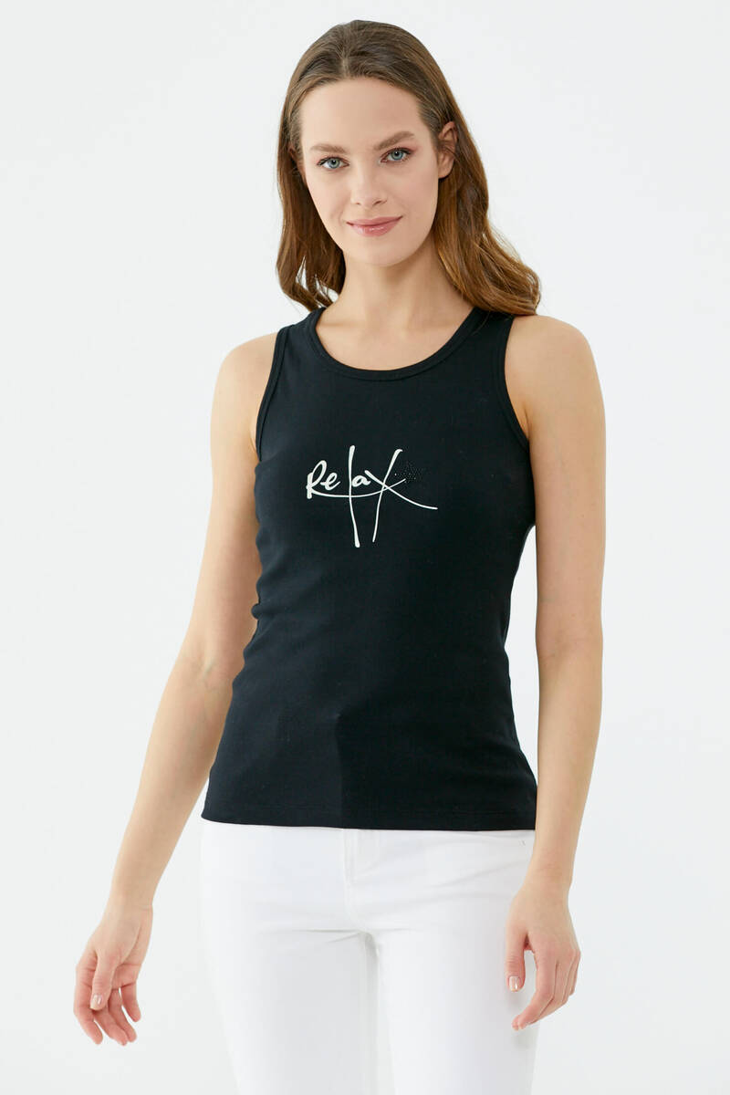 Askılı Baskı Detaylı Pamuk Tshirt - Siyah (1) Sementa