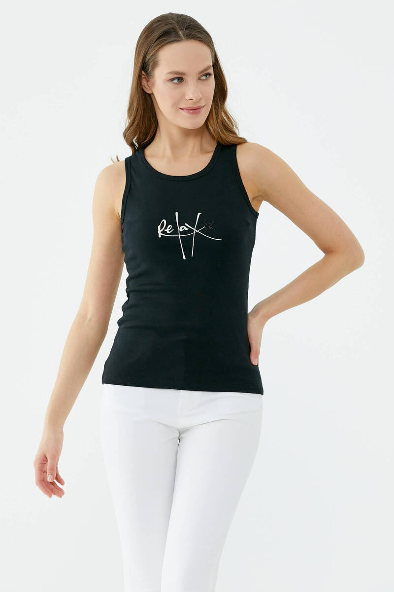 Askılı Baskı Detaylı Pamuk Tshirt - Siyah (2) Sementa