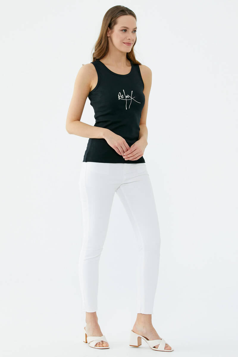 Askılı Baskı Detaylı Pamuk Tshirt - Siyah (3) Sementa