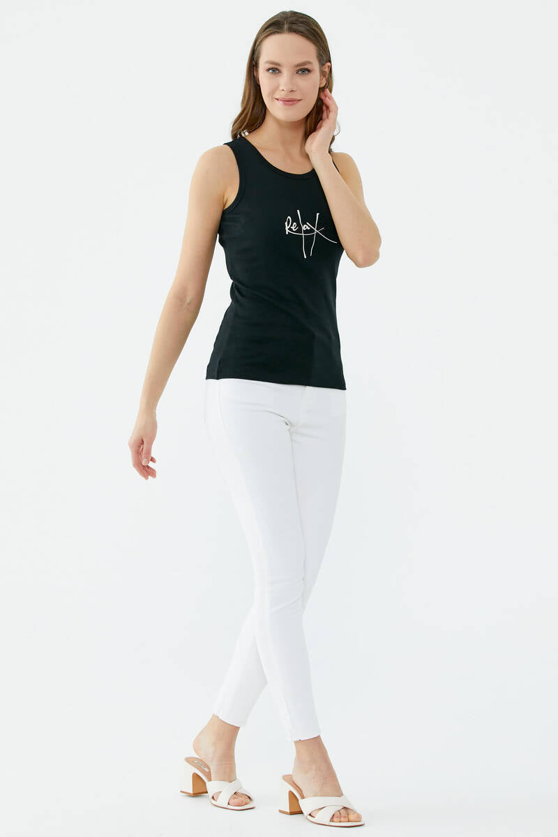 Askılı Baskı Detaylı Pamuk Tshirt - Siyah (4) Sementa