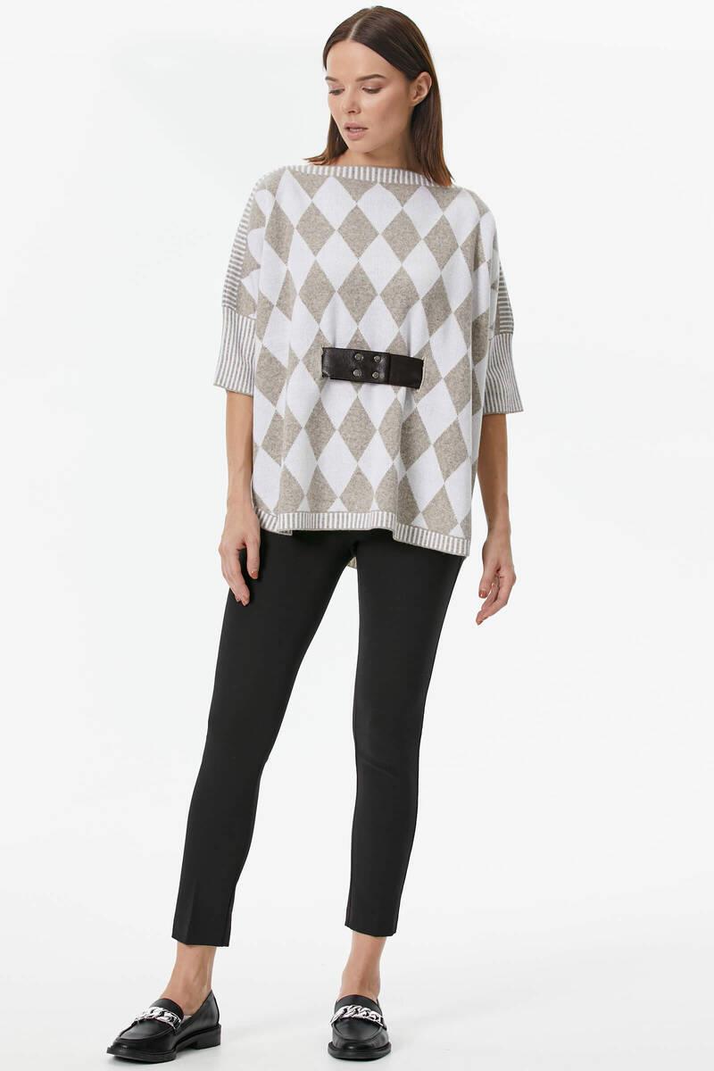 Baklava Desenli Kemer Aksesuarlı Triko Kazak - Beyaz (1) Sementa