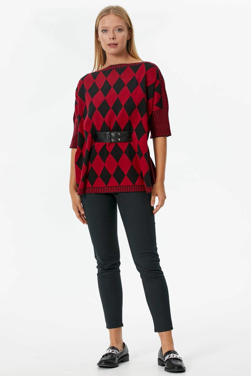 Baklava Desenli Kemer Aksesuarlı Triko Kazak - Kırmızı (1) Sementa