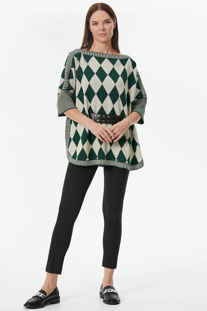 Baklava Desenli Kemer Aksesuarlı Triko Kazak - Krem (1) Sementa