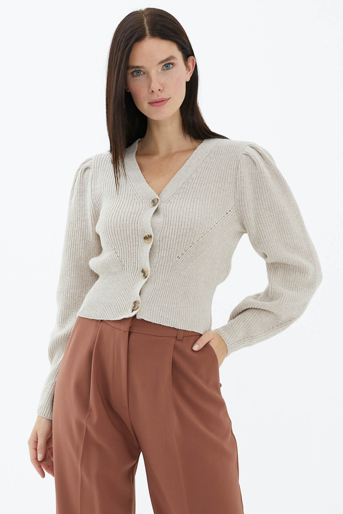 Balon Kol Düğmeli Triko Hırka - Açık Bej (1) Sementa