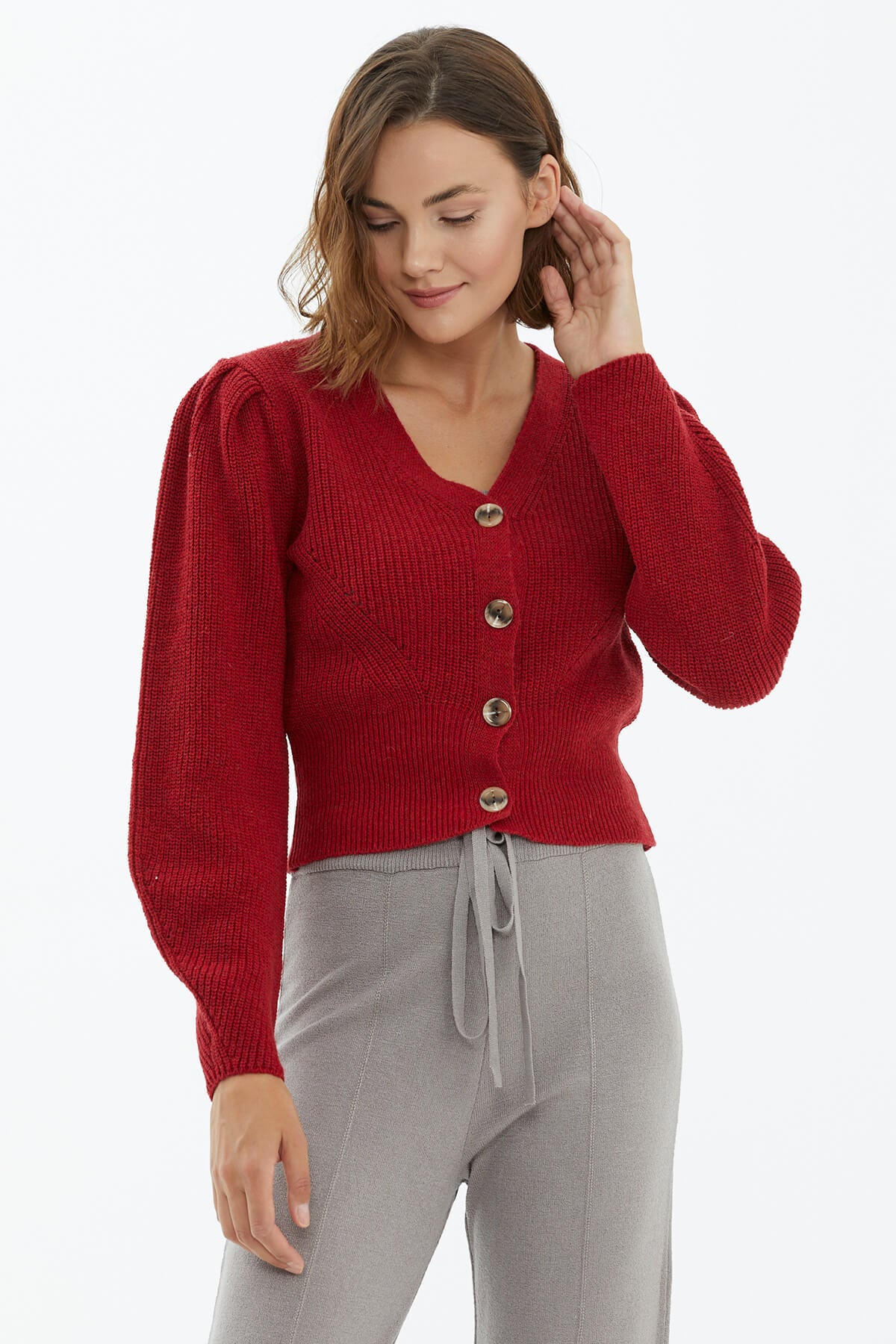 Balon Kol Düğmeli Triko Hırka - Kırmızı (1) Sementa