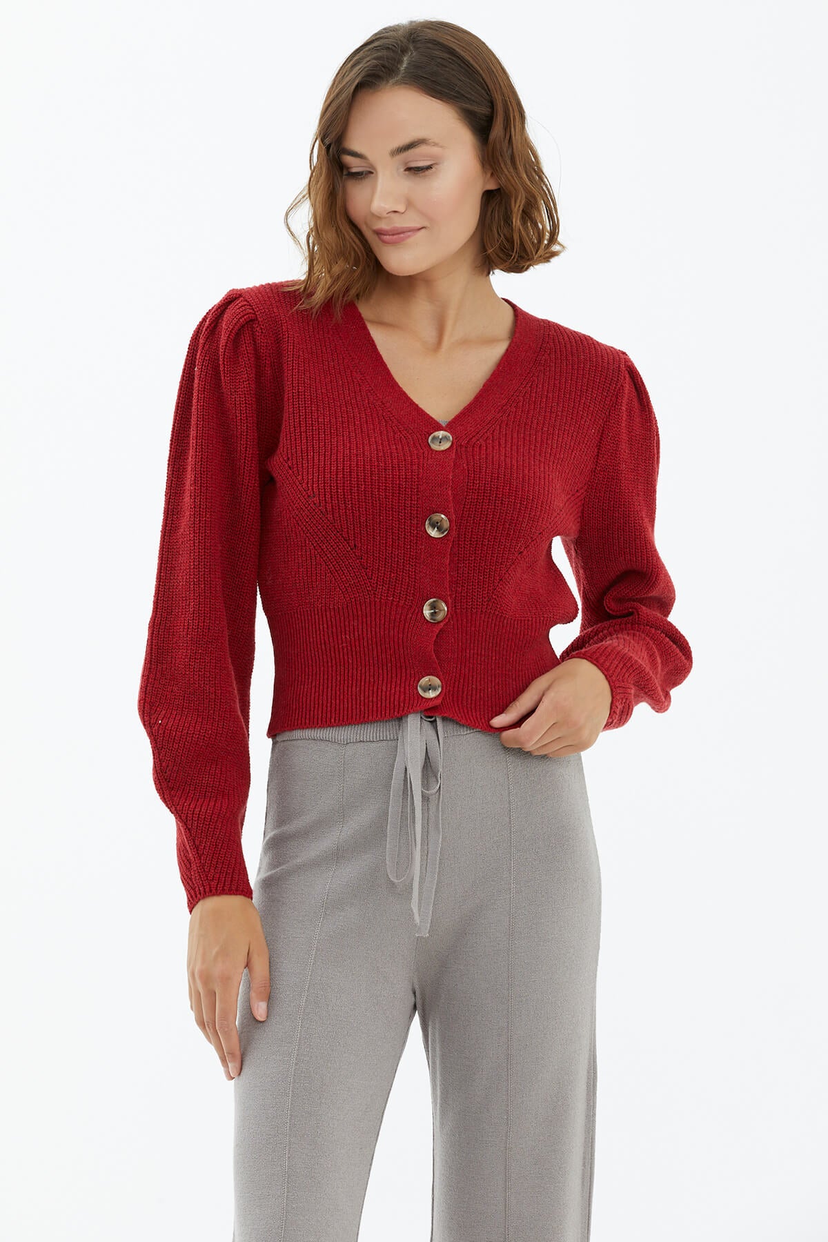 Balon Kol Düğmeli Triko Hırka - Kırmızı (2) Sementa