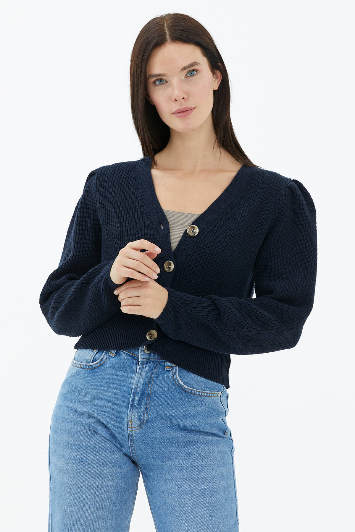 Balon Kol Düğmeli Triko Hırka - Lacivert (2) Sementa