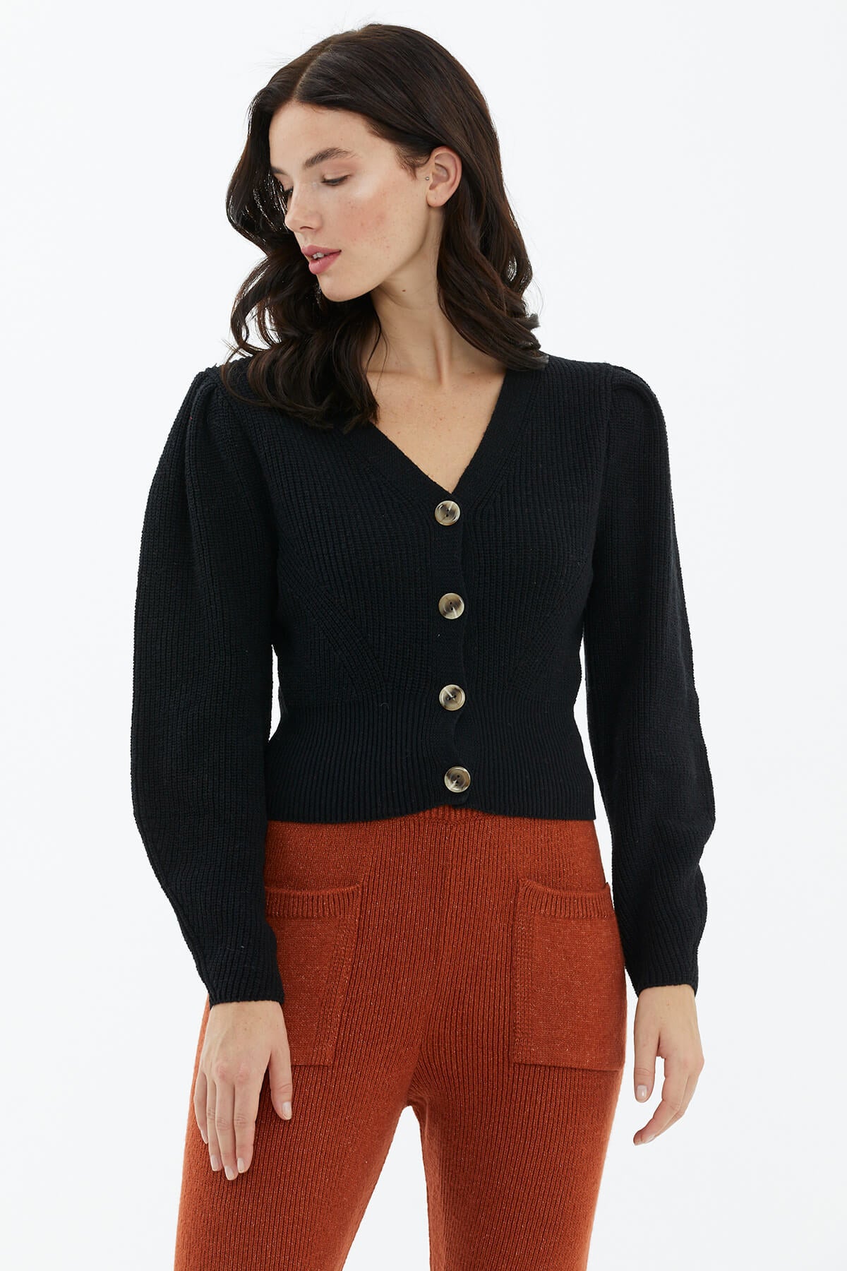 Balon Kol Düğmeli Triko Hırka - Siyah (2) Sementa