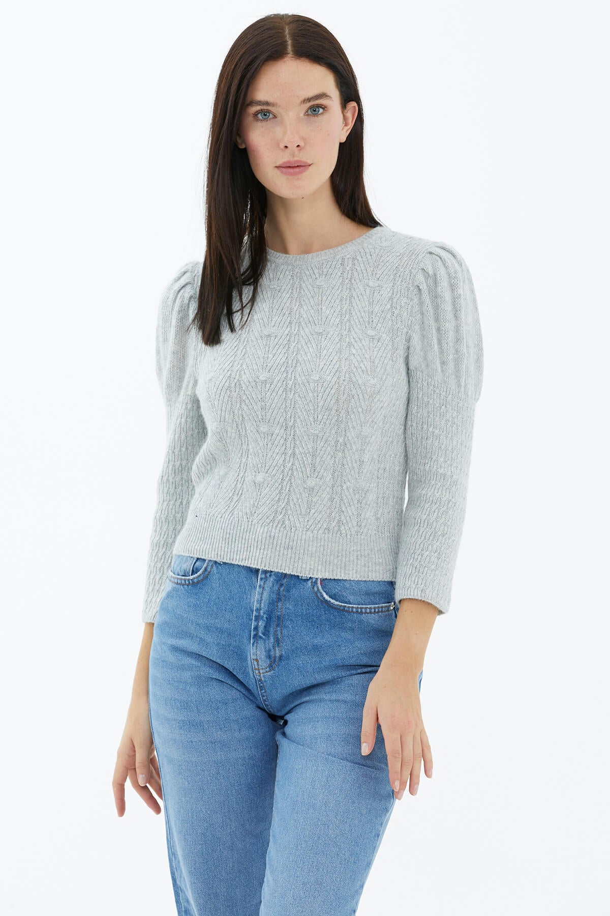 Balon Kol Saç Örgülü Triko Kazak - Gri (2) Sementa