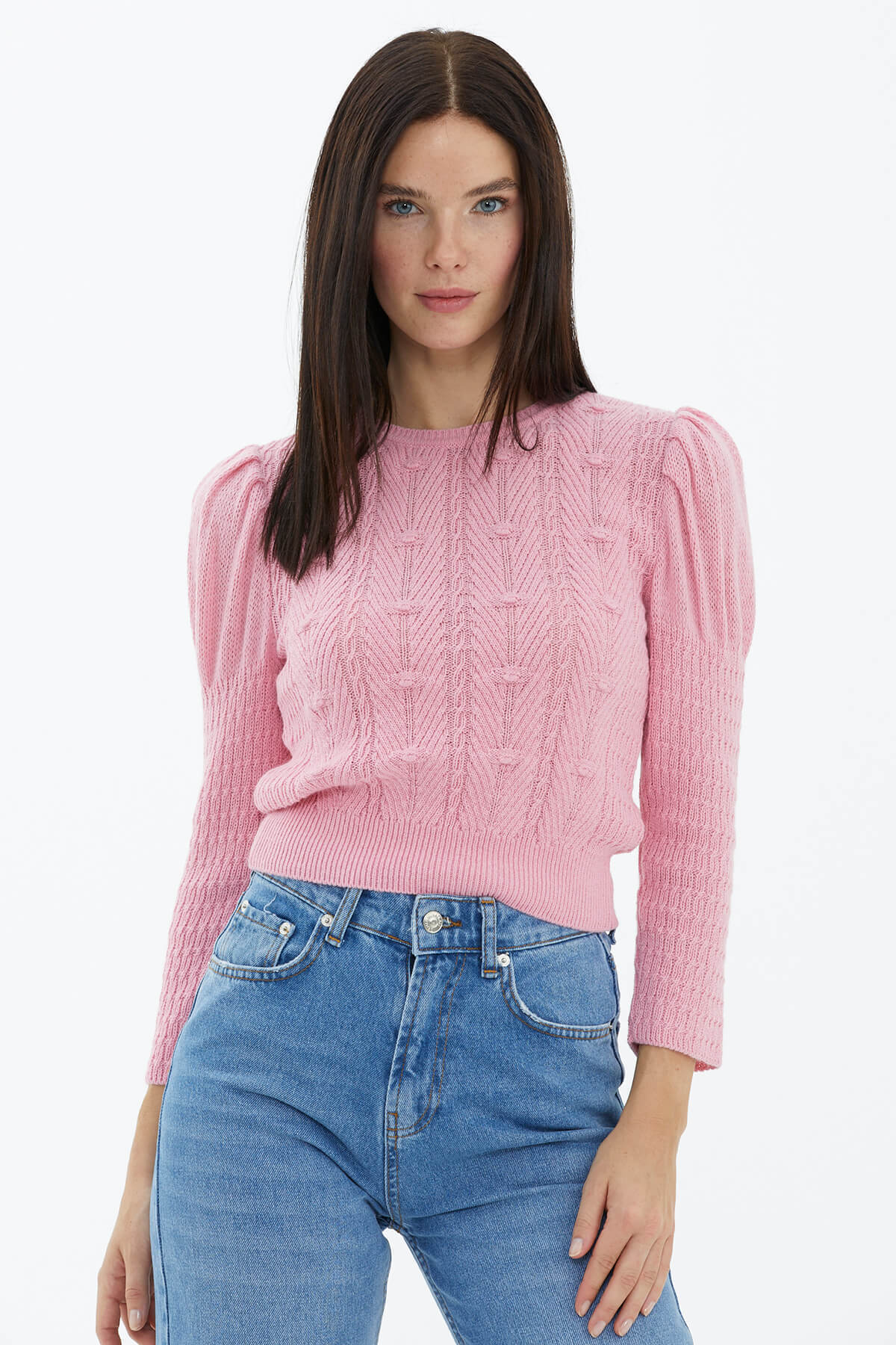 Balon Kol Saç Örgülü Triko Kazak - Pembe (2) Sementa