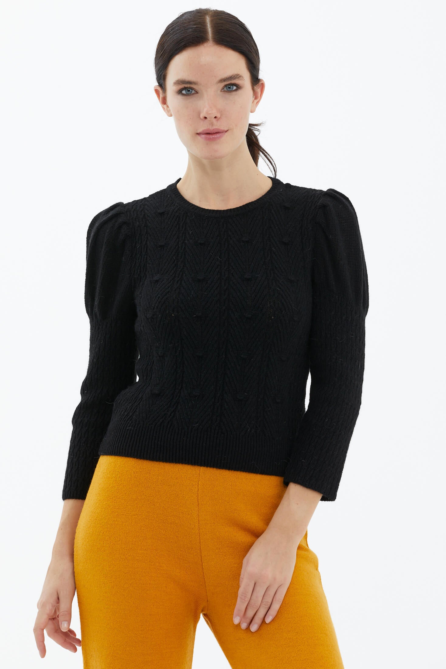 Balon Kol Saç Örgülü Triko Kazak - Siyah (1) Sementa