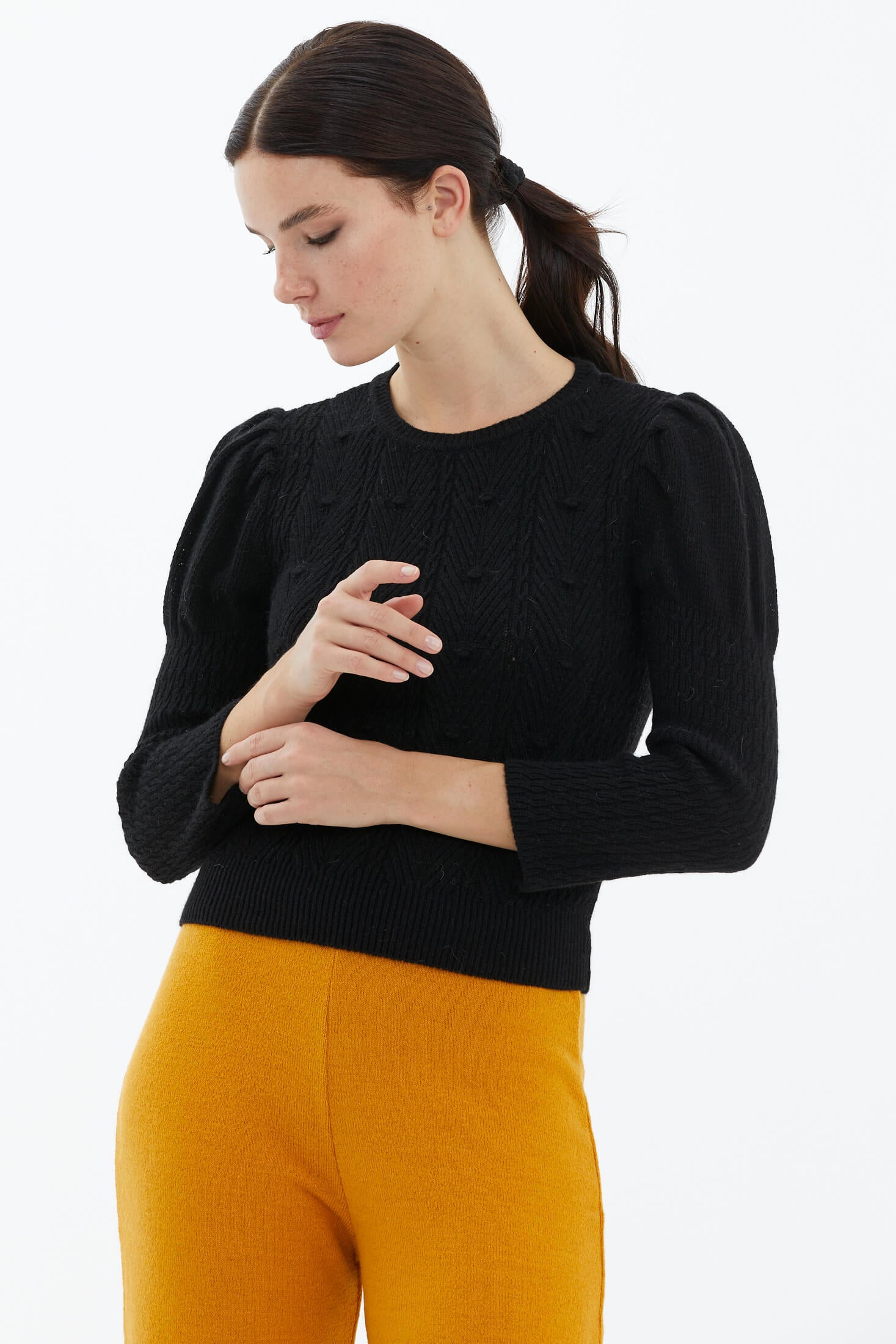 Balon Kol Saç Örgülü Triko Kazak - Siyah (2) Sementa