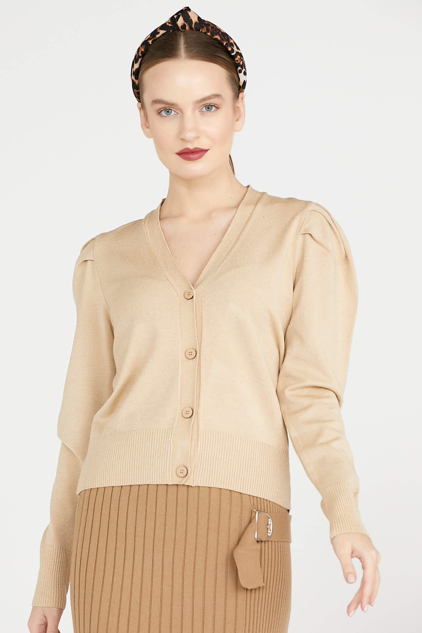 Balon Kol Triko Hırka - Kamel (2) Sementa