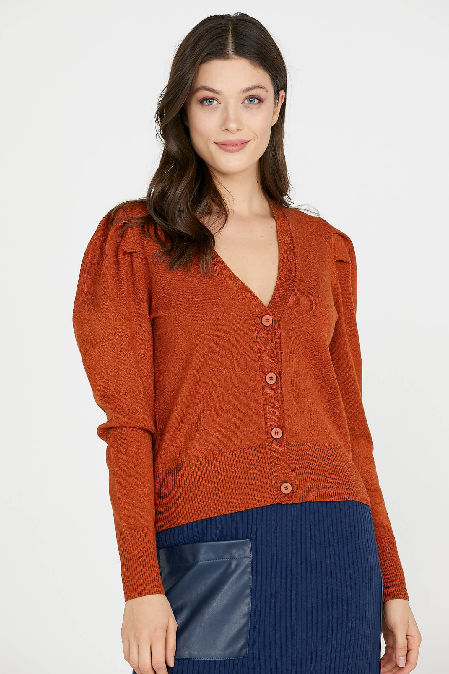 Balon Kol Triko Hırka - Kiremit (2) Sementa