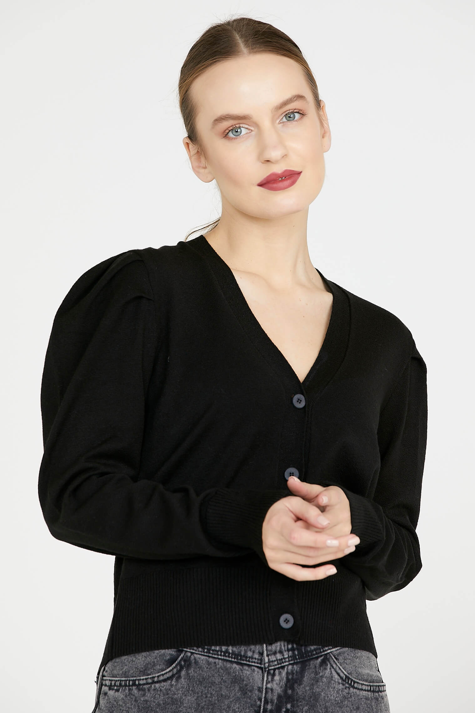 Balon Kol Triko Hırka - Siyah (2) Sementa