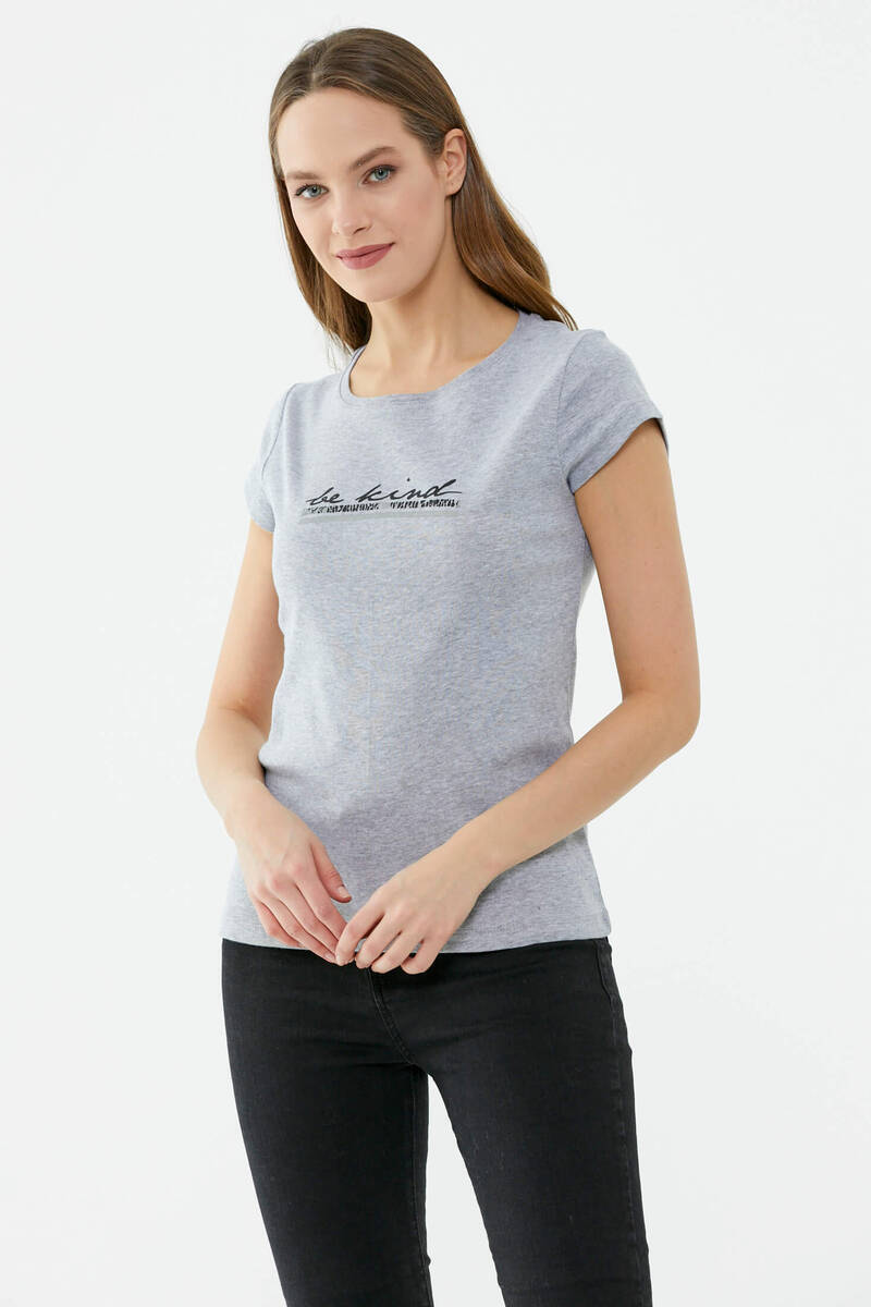 Basic Baskılı Pamuk Tshirt - Gri (1) Sementa