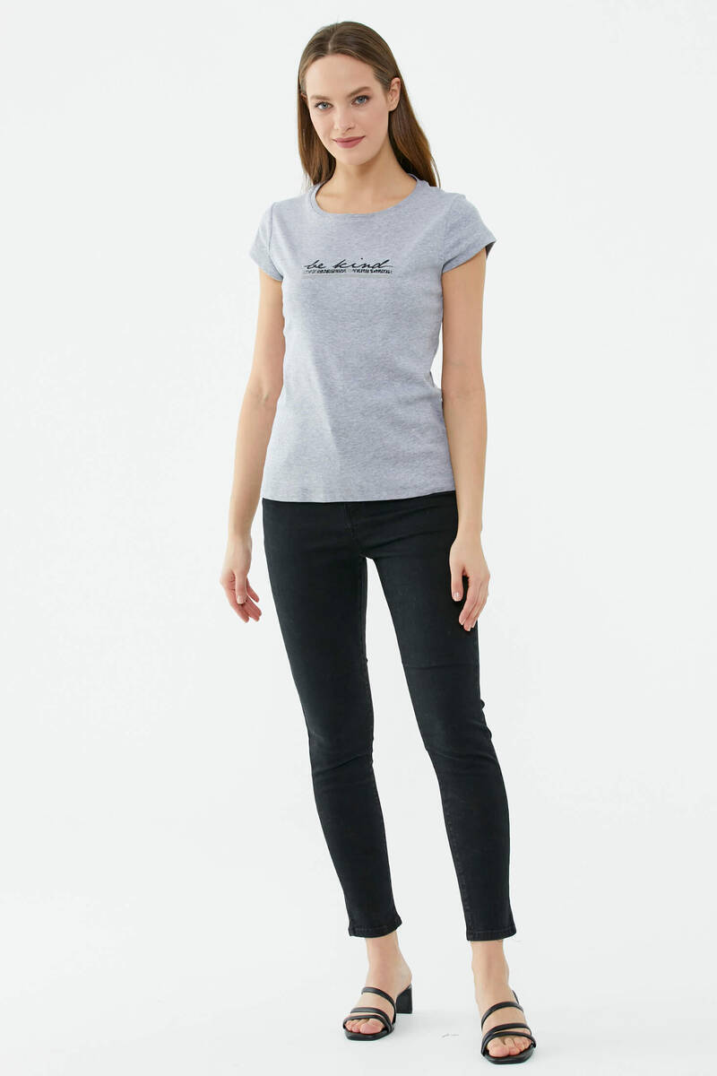 Basic Baskılı Pamuk Tshirt - Gri (3) Sementa