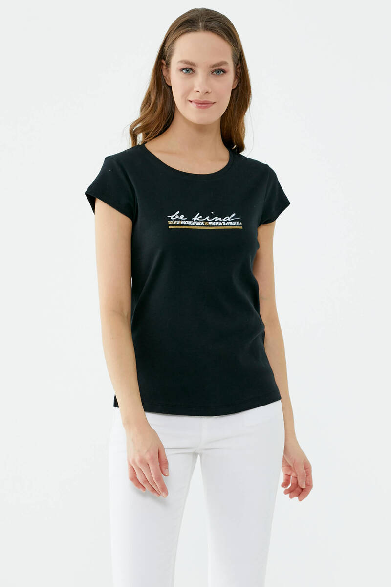 Basic Baskılı Pamuk Tshirt - Siyah (2) Sementa