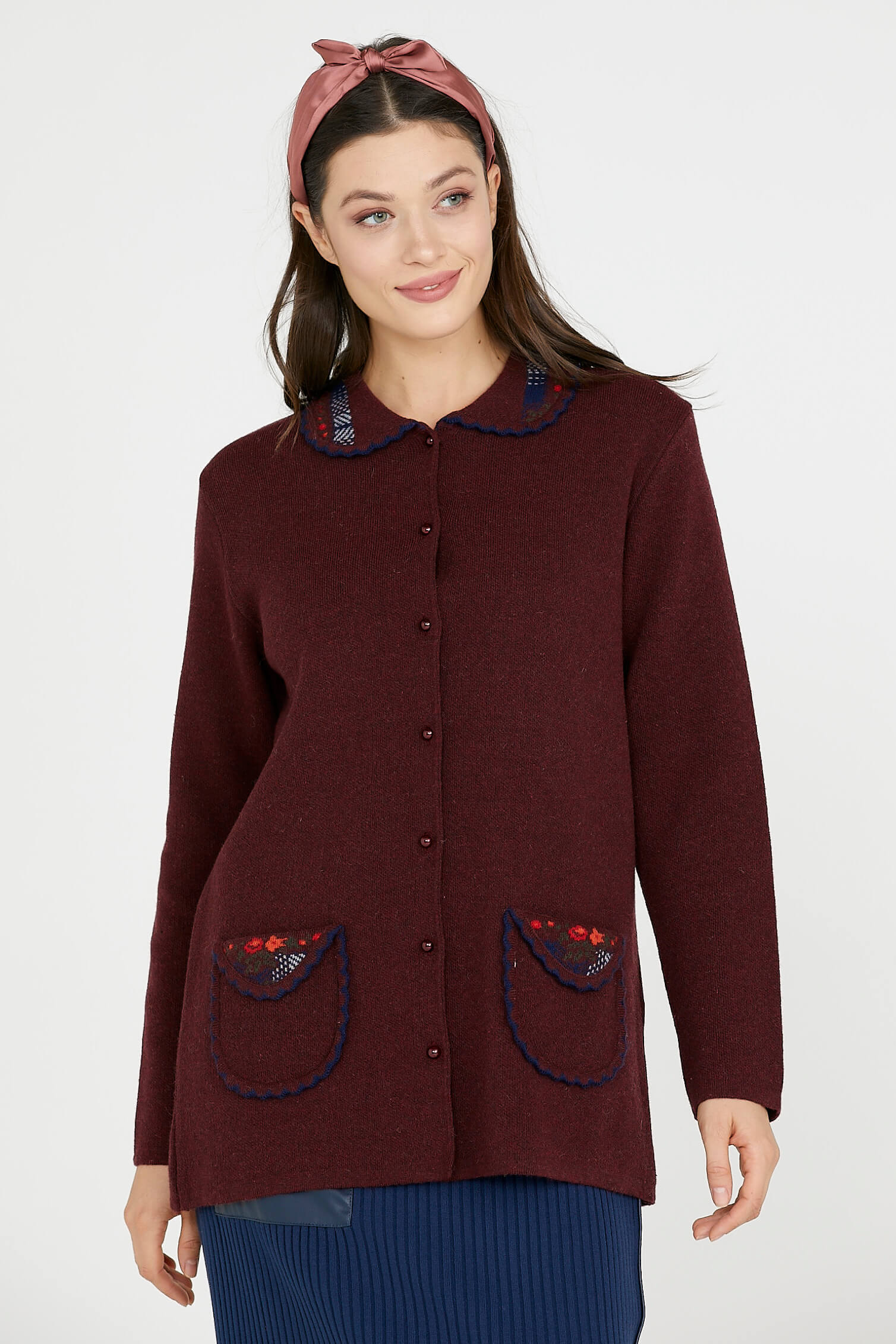 Bebe Yaka Nakışlı Kadın Triko Ceket - Bordo (1) Sementa