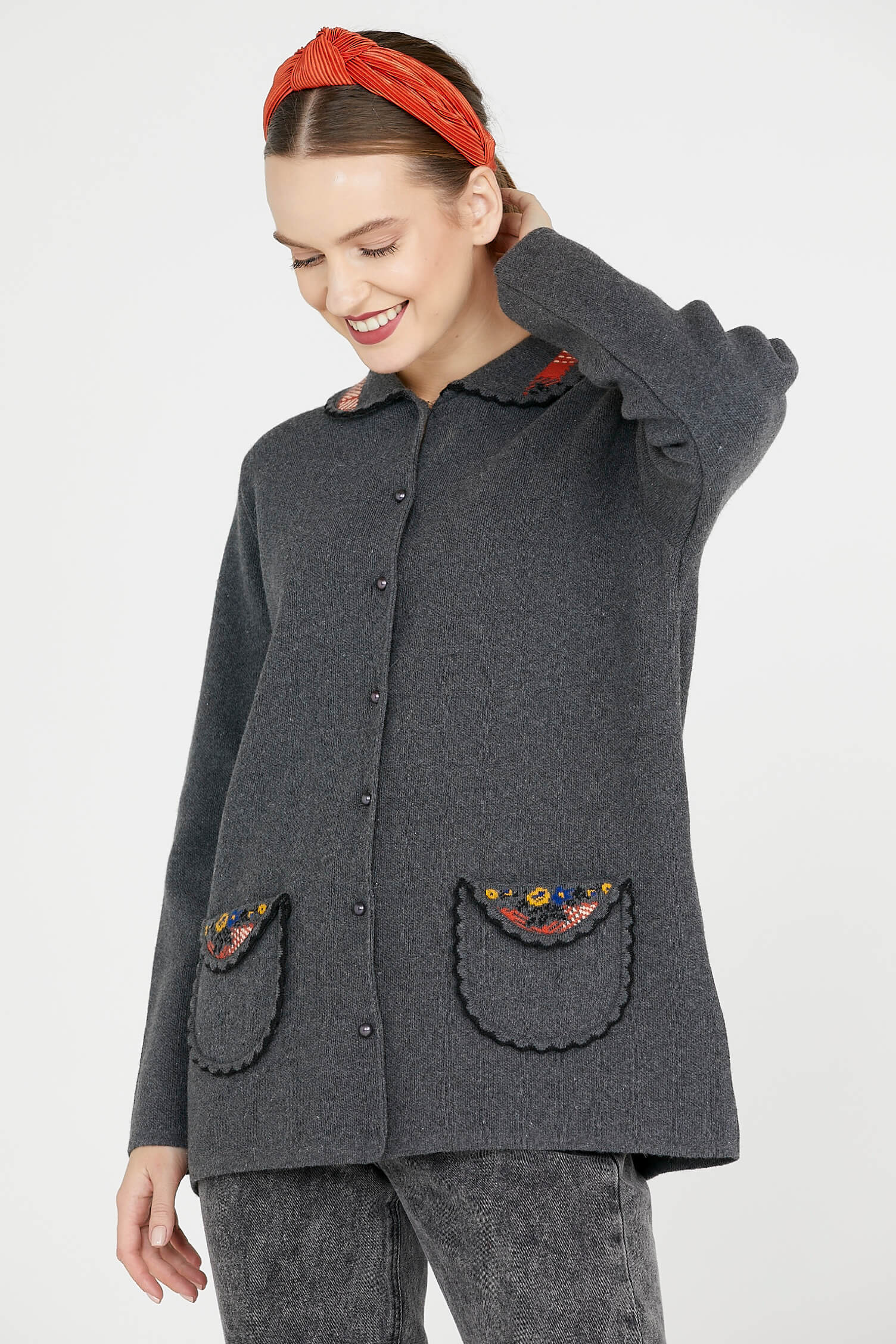 Bebe Yaka Nakışlı Kadın Triko Ceket - Koyu Gri (2) Sementa