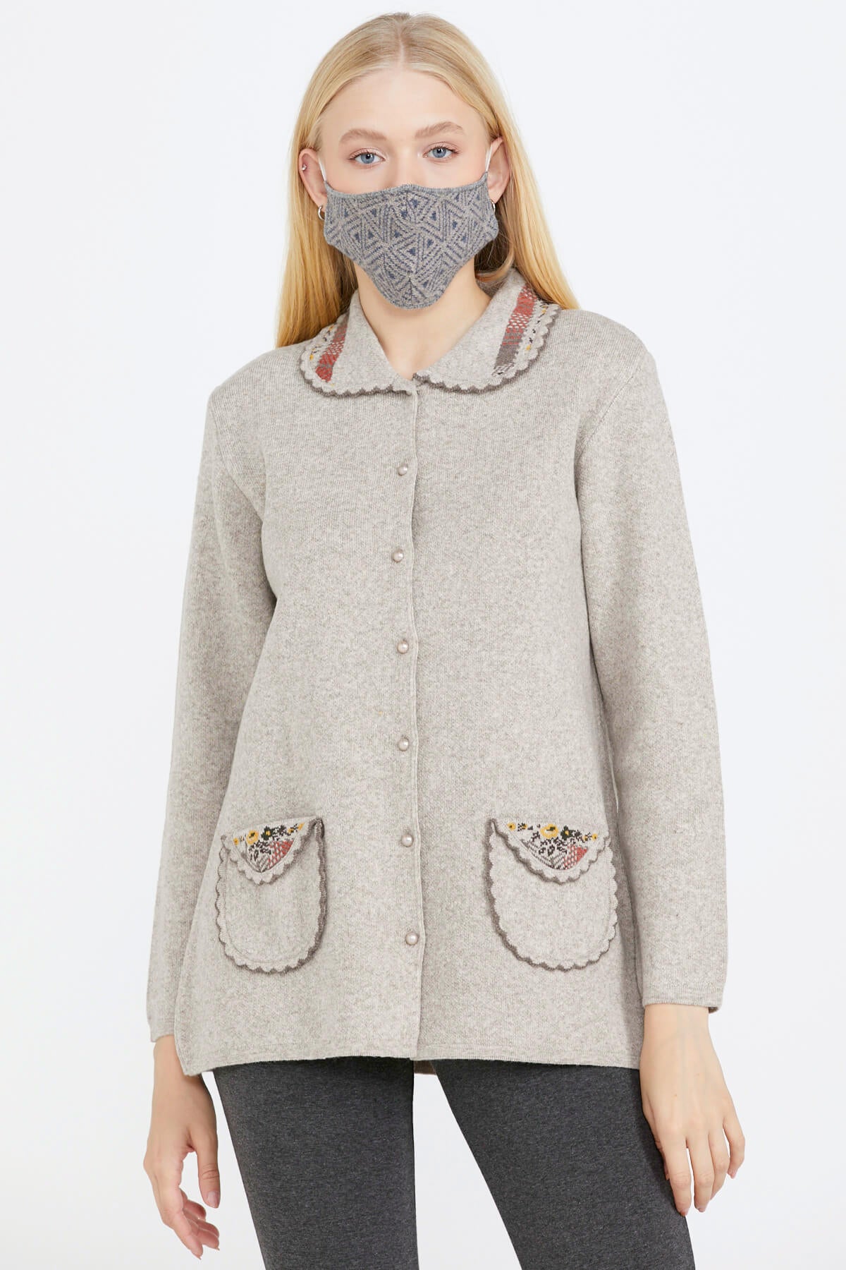 Bebe Yaka Nakışlı Kadın Triko Ceket - Vizon (1) Sementa
