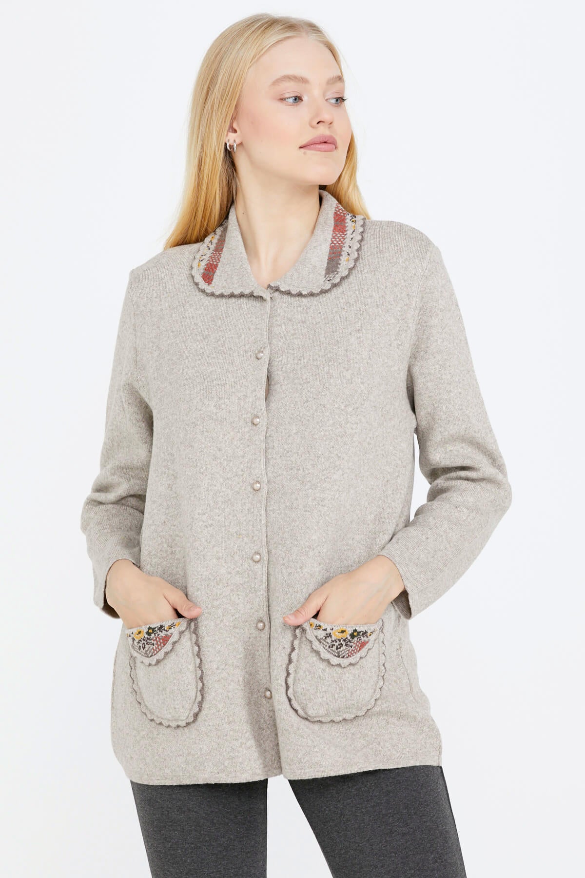 Bebe Yaka Nakışlı Kadın Triko Ceket - Vizon (2) Sementa