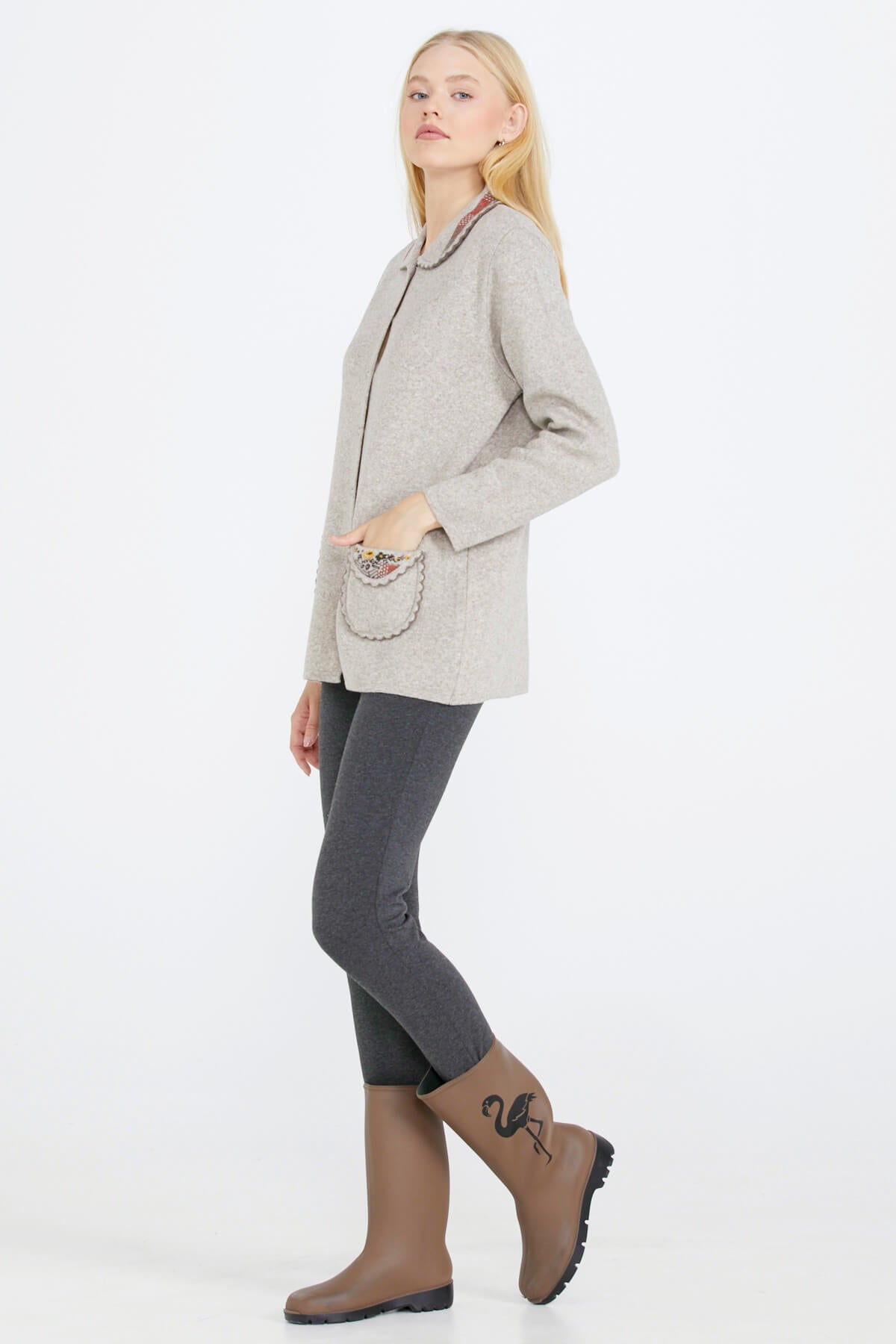 Bebe Yaka Nakışlı Kadın Triko Ceket - Vizon (3) Sementa