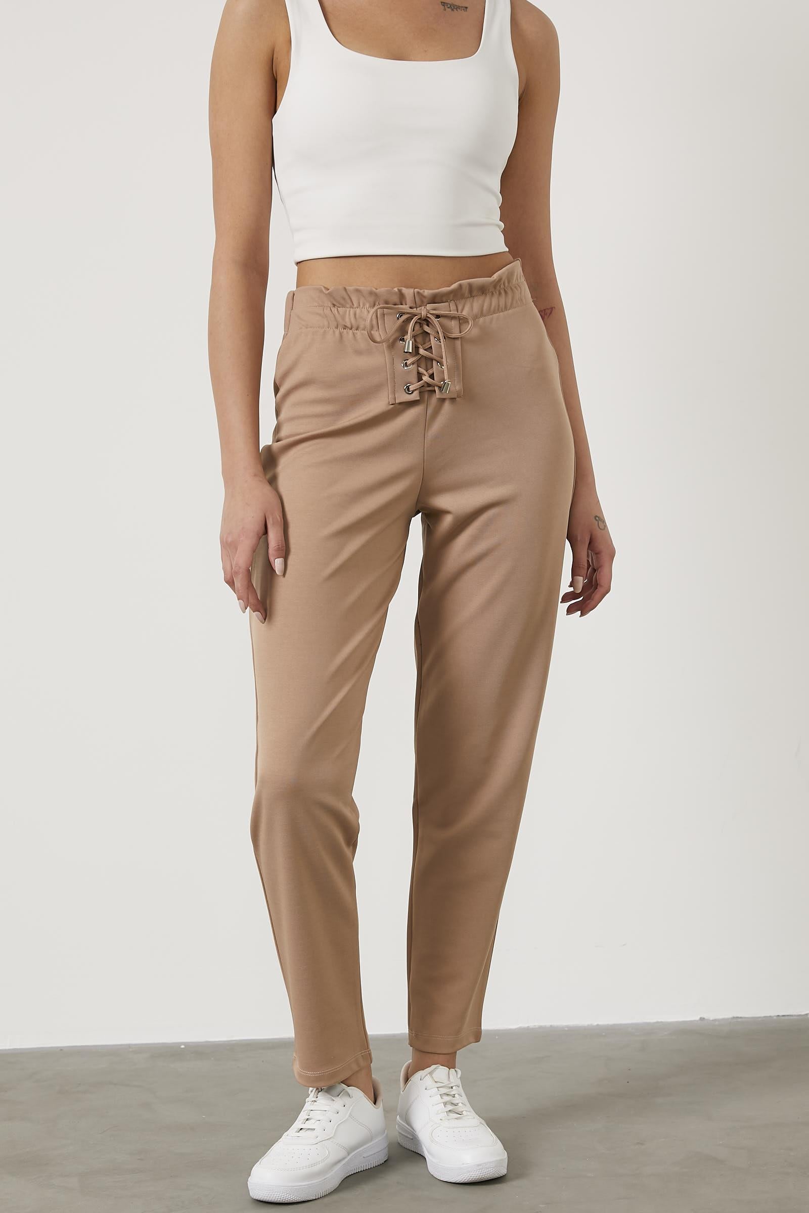 Beli Lastikli Önü İp Detaylı Eşofman Alt - Bej (2) Sementa