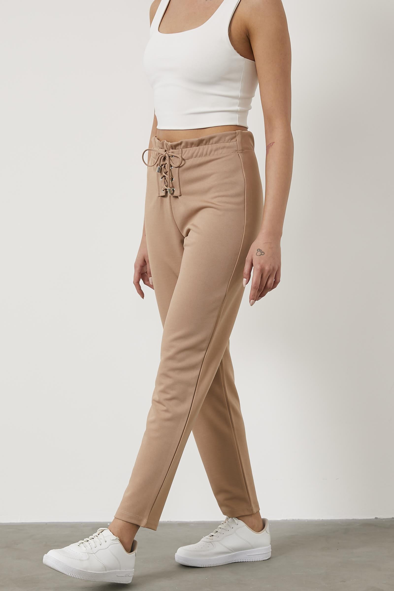 Beli Lastikli Önü İp Detaylı Eşofman Alt - Bej (3) Sementa