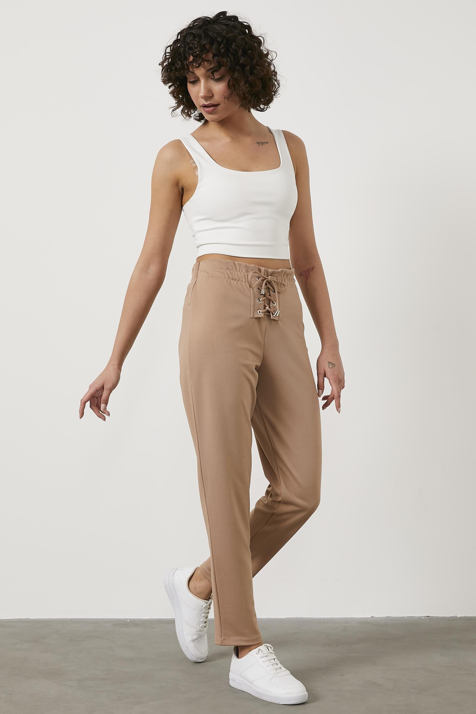 Beli Lastikli Önü İp Detaylı Eşofman Alt - Bej (4) Sementa