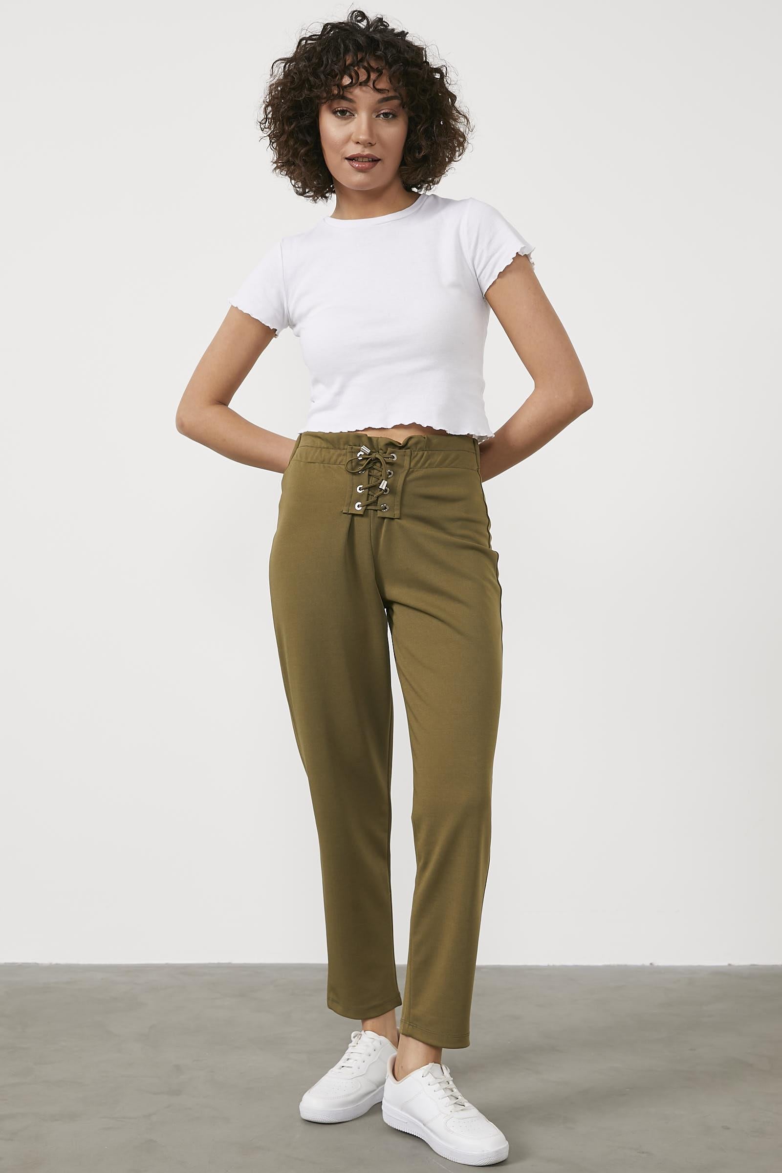 Beli Lastikli Önü İp Detaylı Eşofman Alt - Haki (2) Sementa