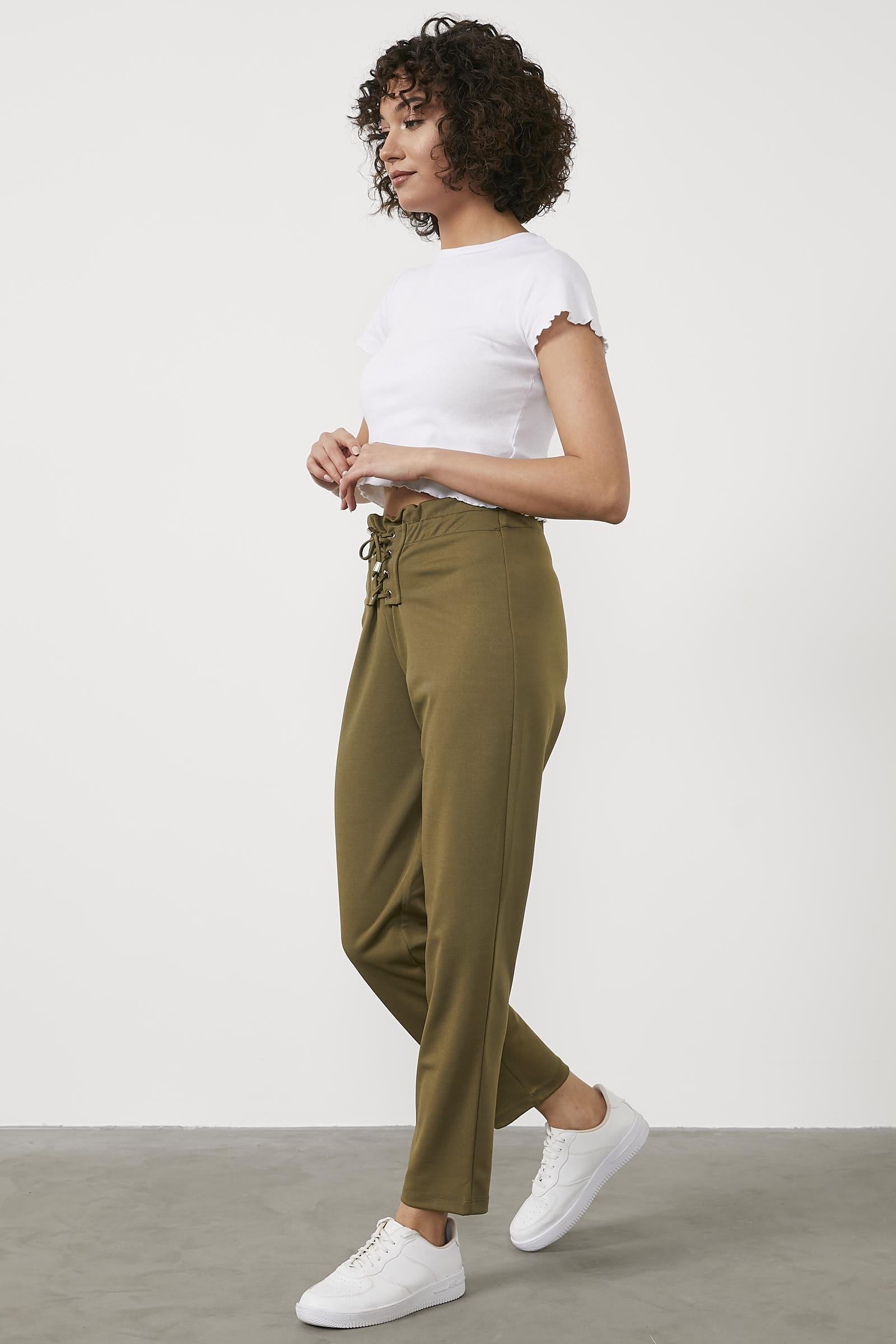 Beli Lastikli Önü İp Detaylı Eşofman Alt - Haki (3) Sementa