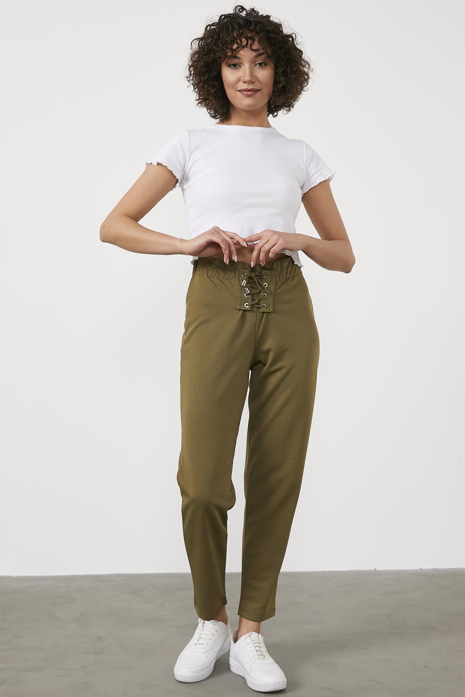 Beli Lastikli Önü İp Detaylı Eşofman Alt - Haki (4) Sementa