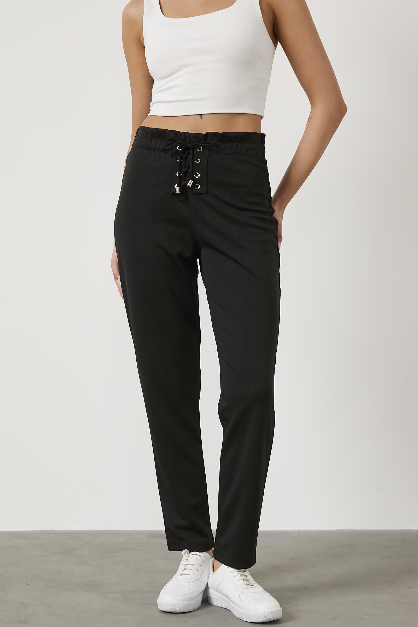 Beli Lastikli Önü İp Detaylı Eşofman Alt - Siyah (2) Sementa