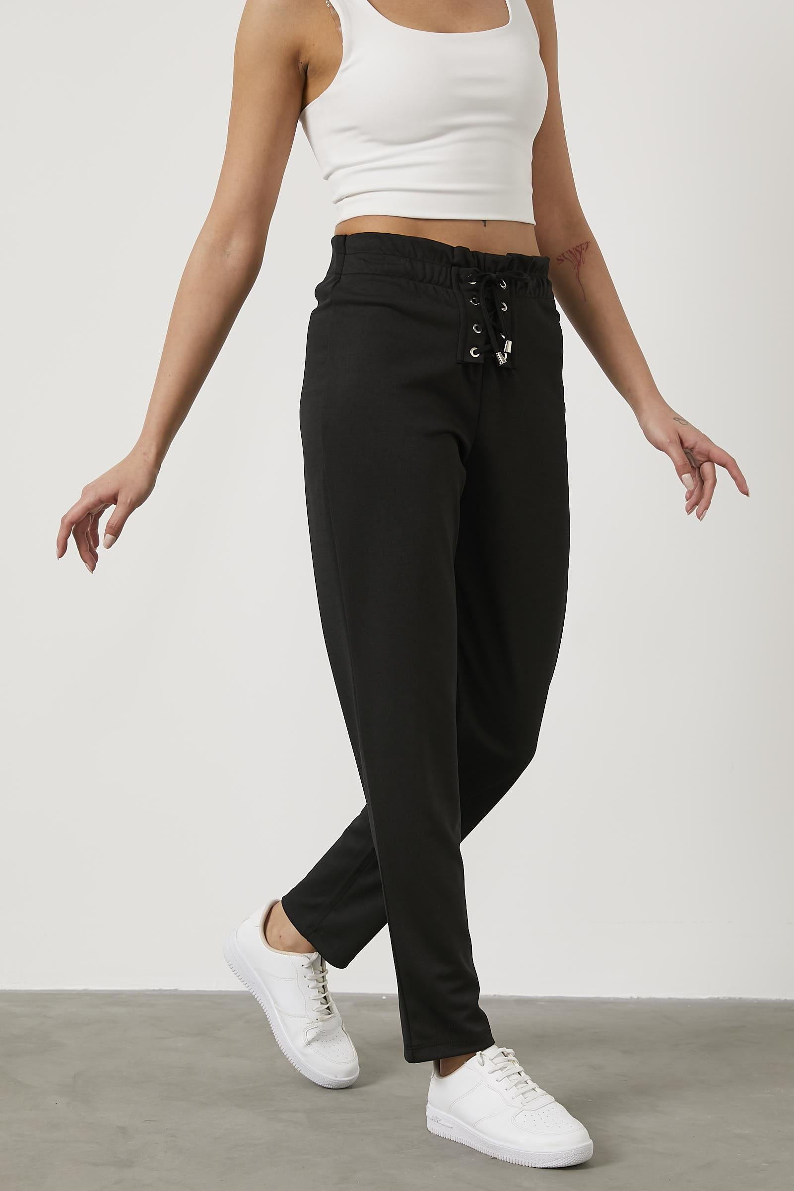 Beli Lastikli Önü İp Detaylı Eşofman Alt - Siyah (3) Sementa