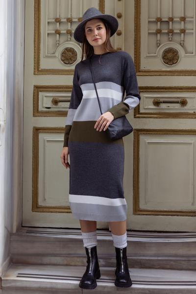 Blok Desen Renkli Triko Elbise - Gri (2) Sementa