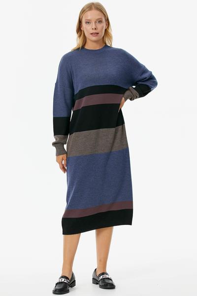 Blok Desen Renkli Triko Elbise - Siyah (2) Sementa