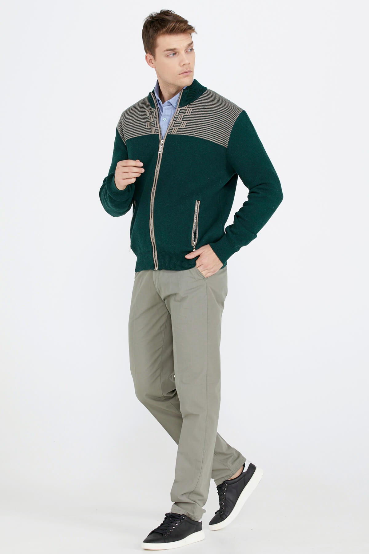 Blok Desenli Cepli Erkek Triko Ceket - Koyu Yeşil (3) Sementa