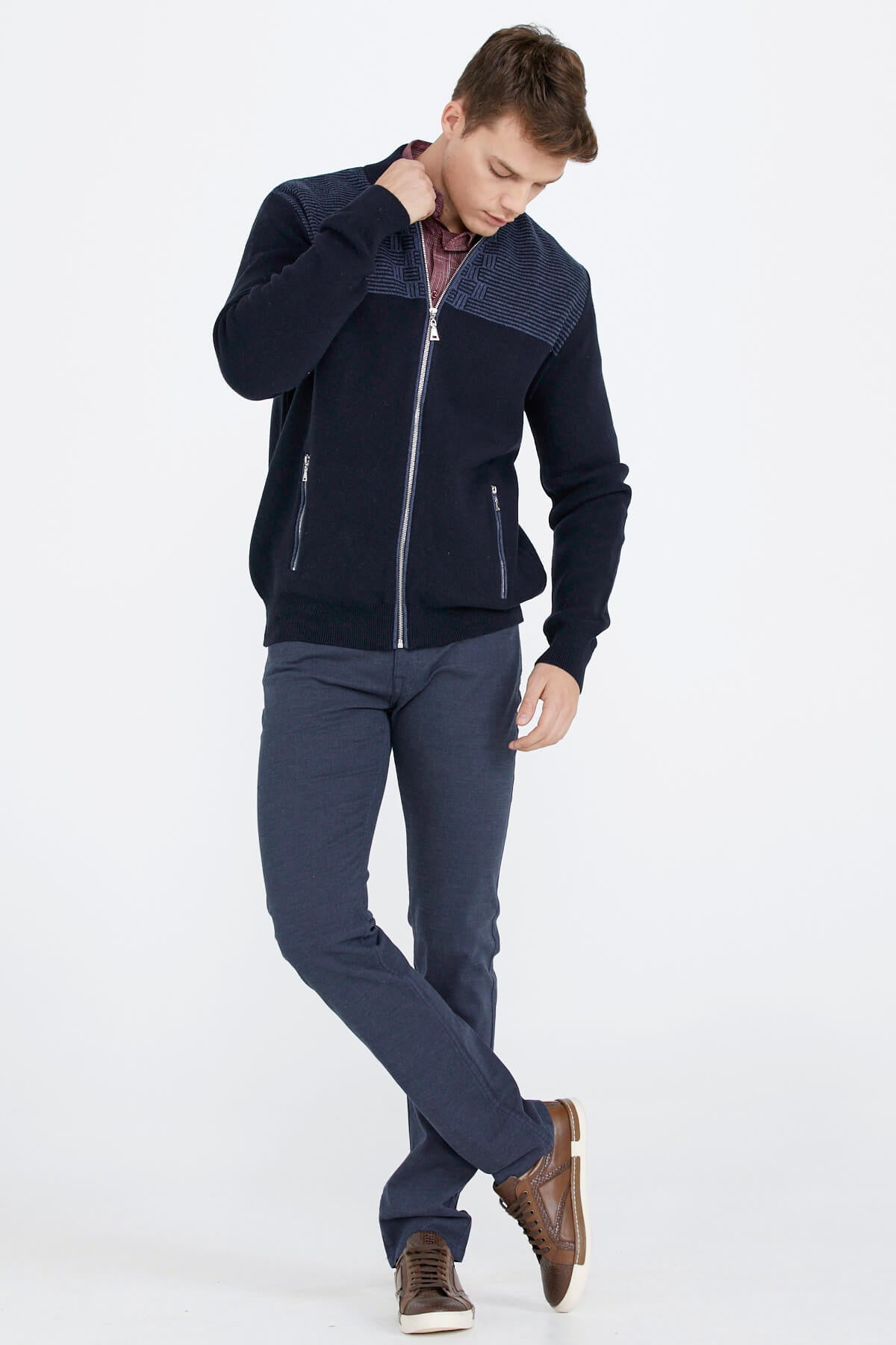 Blok Desenli Cepli Erkek Triko Ceket - Lacivert (2) Sementa