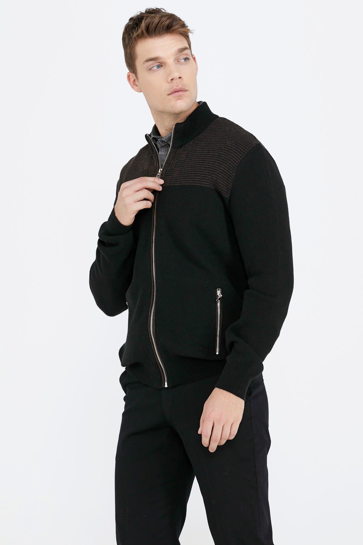 Blok Desenli Cepli Erkek Triko Ceket - Siyah (2) Sementa