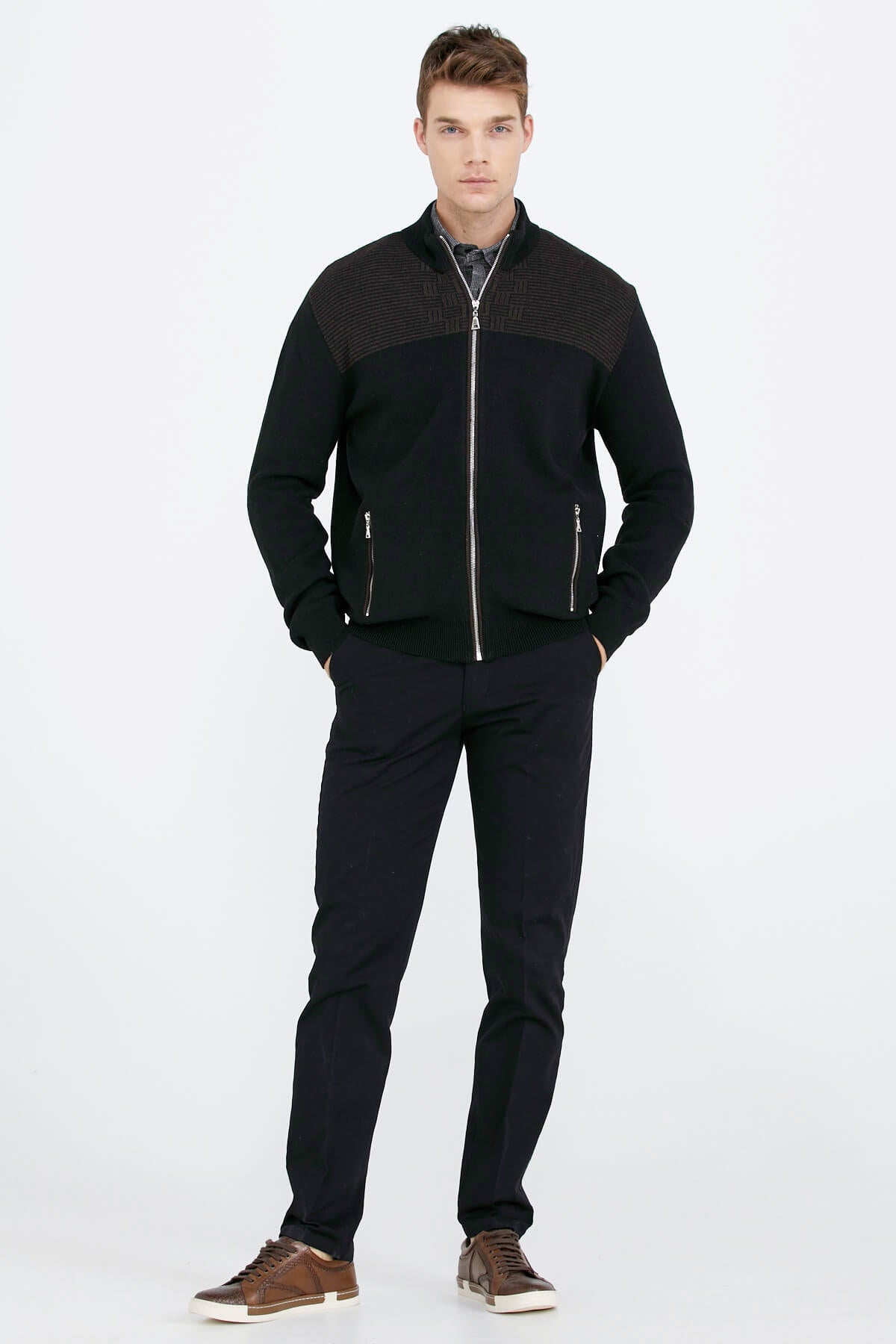 Blok Desenli Cepli Erkek Triko Ceket - Siyah (3) Sementa
