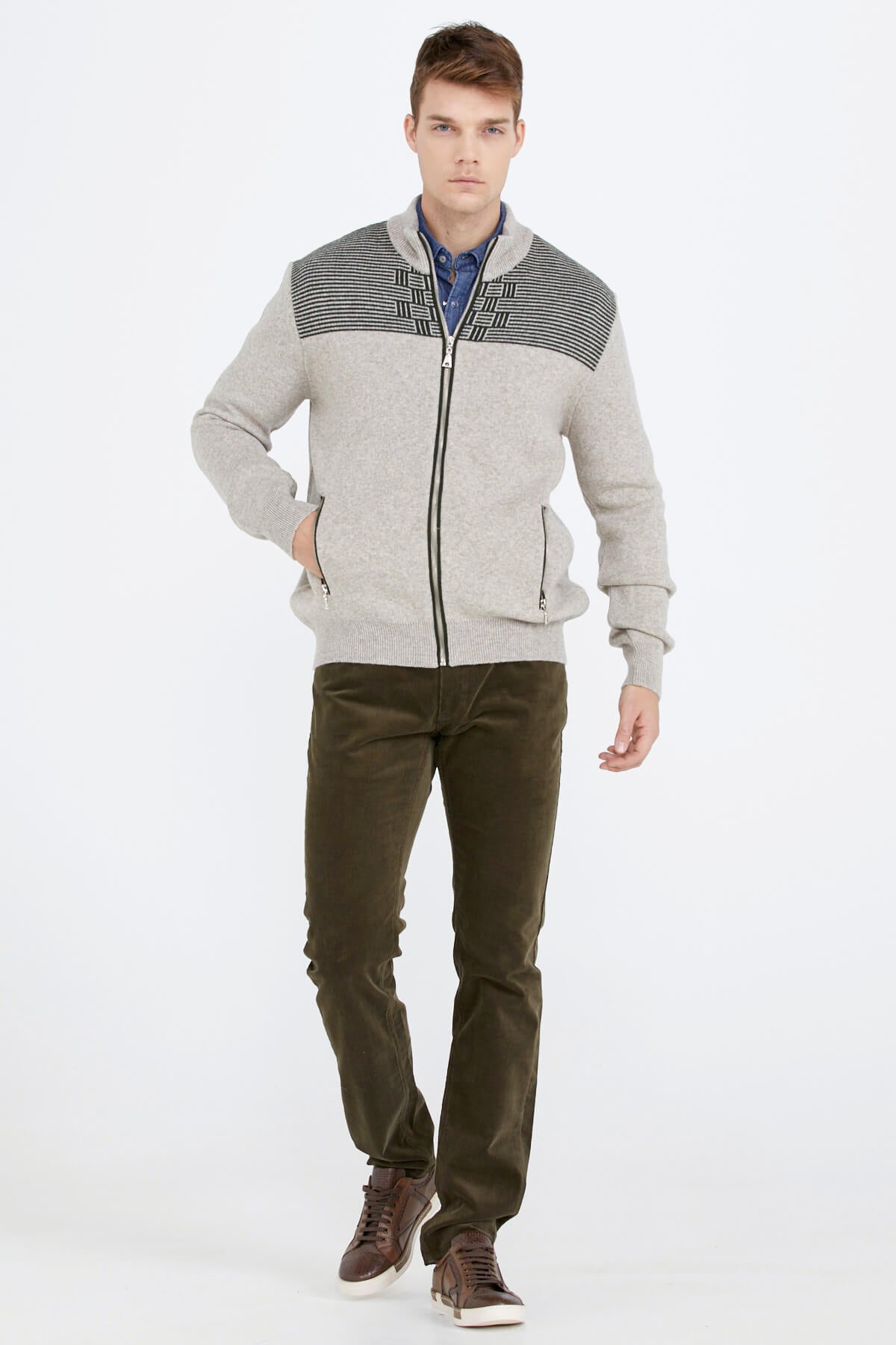 Blok Desenli Cepli Erkek Triko Ceket - Vizon (2) Sementa