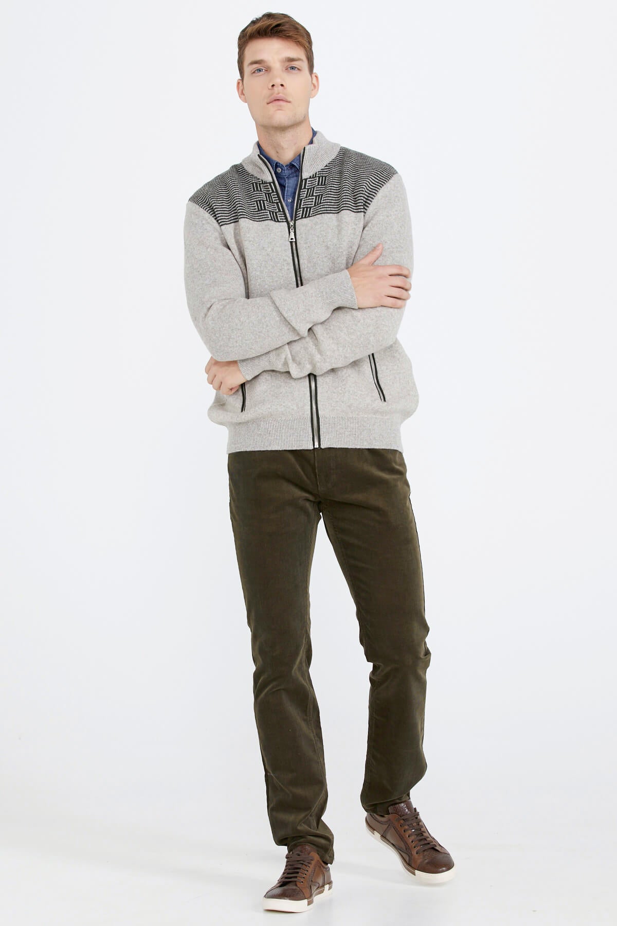 Blok Desenli Cepli Erkek Triko Ceket - Vizon (3) Sementa